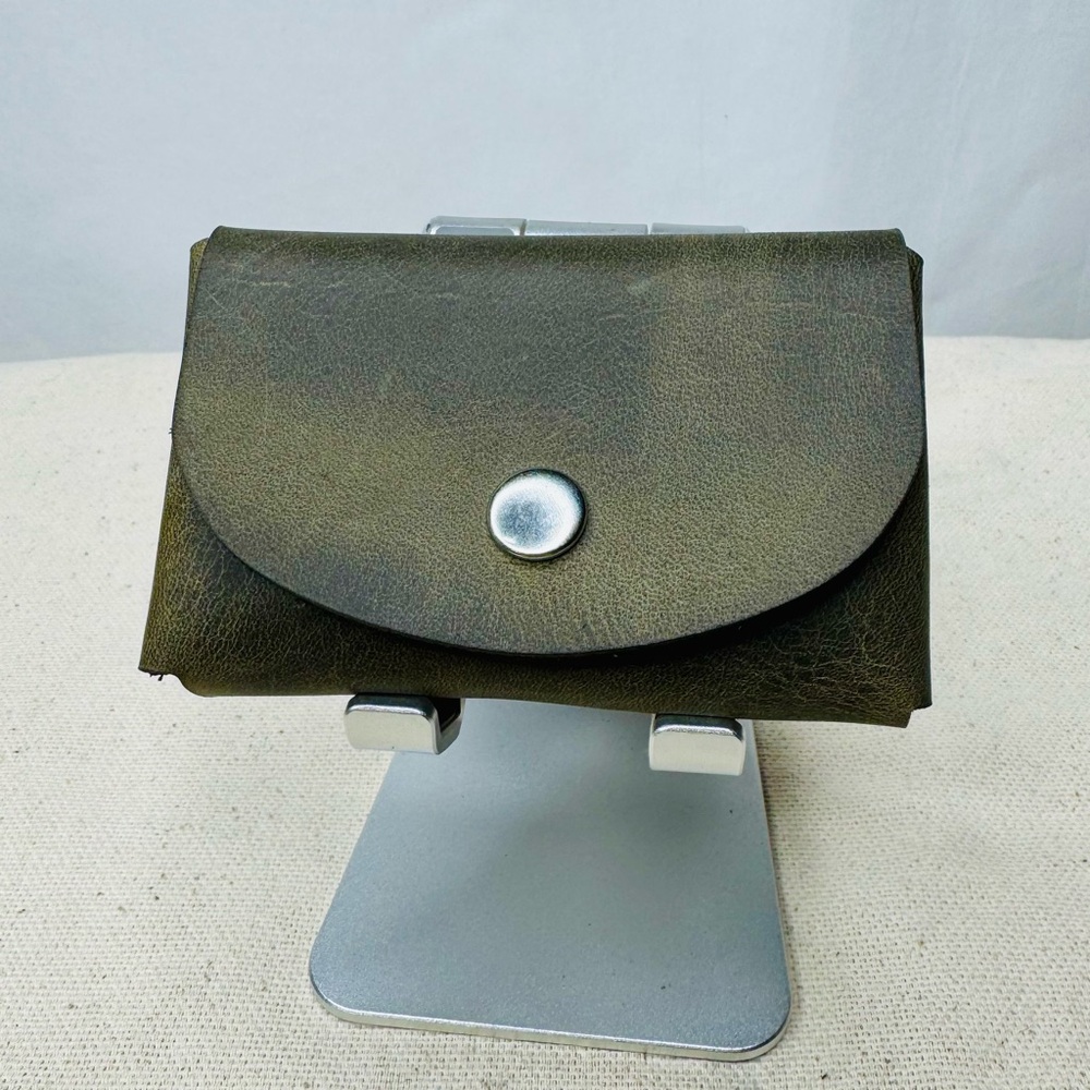 Double stacked business card holder green smooth leather -holds 50 cards